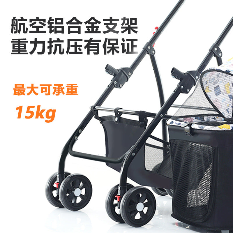 Lightweight foldable pet stroller cat dog carrier with detachable cage, portable small pet carriage with handbag and pet bed