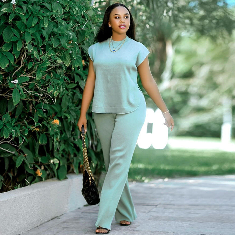 European and american cross-border women's fashion  autumn new arrival: elegant solid color mock neck short sleeve t-shirt and wide leg pants set