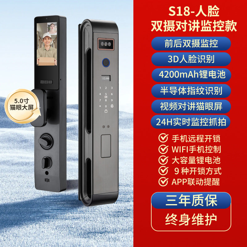 Fully automatic smart door lock with monitoring, intercom, fingerprint, 3d face recognition, password, and electronic locking system for home use