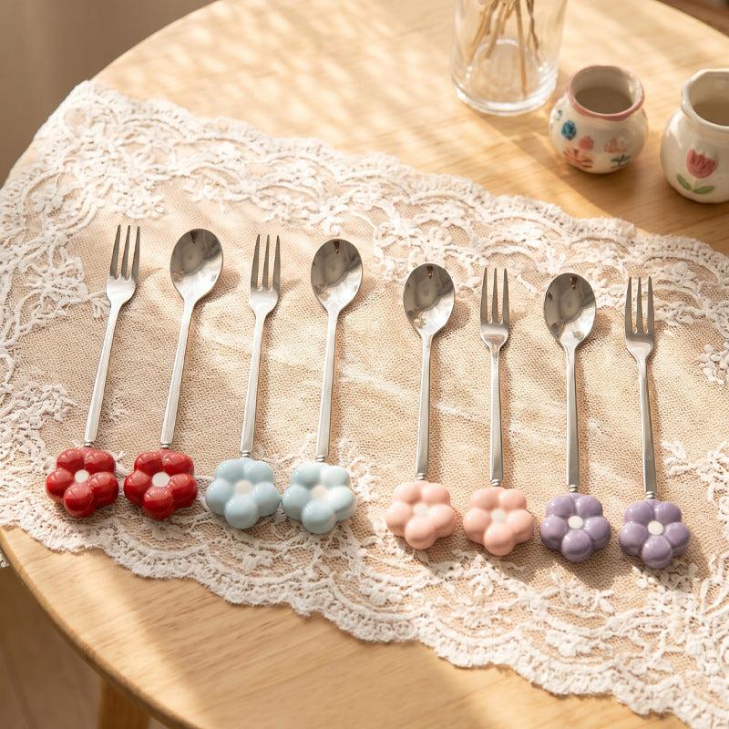 Creative sunflower stainless steel fruit fork desktop decoration ornament ceramic handle spoon exquisite afternoon tea fork wholesale