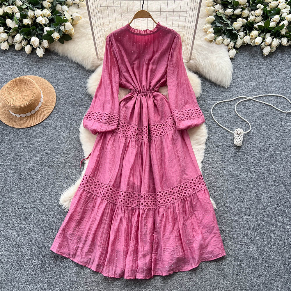 French court style puff sleeve dress - women's autumn hollow-out crochet drawstring waist elegant chic maxi dress