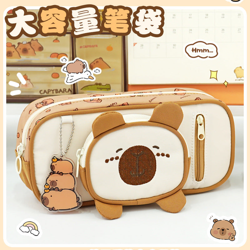 Primary school students Kapibara stationery box mother and child shape pendant pencil case large capacity multi-layer high value pencil case