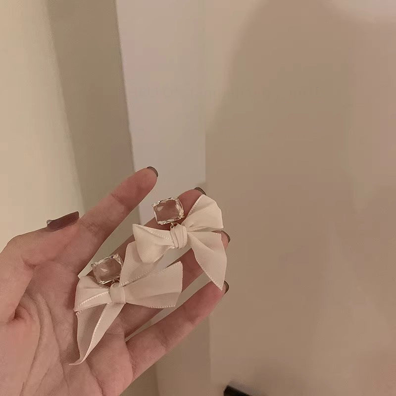 Japanese and korean style simple elegant mesh bow earrings high-end french popular earrings women's trendy cold style earrings