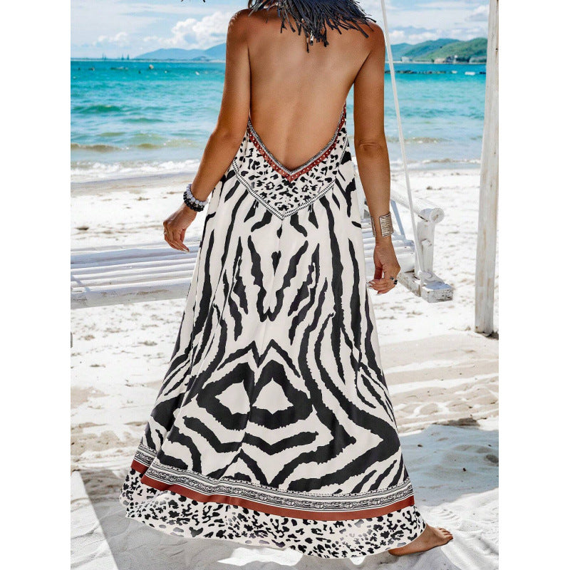 Real shot of fashionexport cross-border 1688 foreign order  animal printing backless halter fashiondress