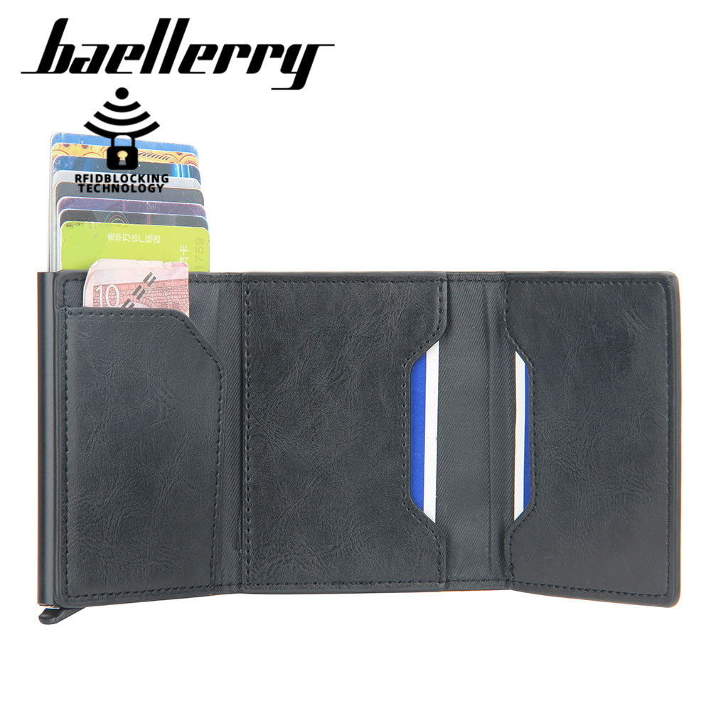 Baellerry's new men's card bag aluminum box anti-magnetic and anti-theft short automatic elastic card type high-sense card cover for men