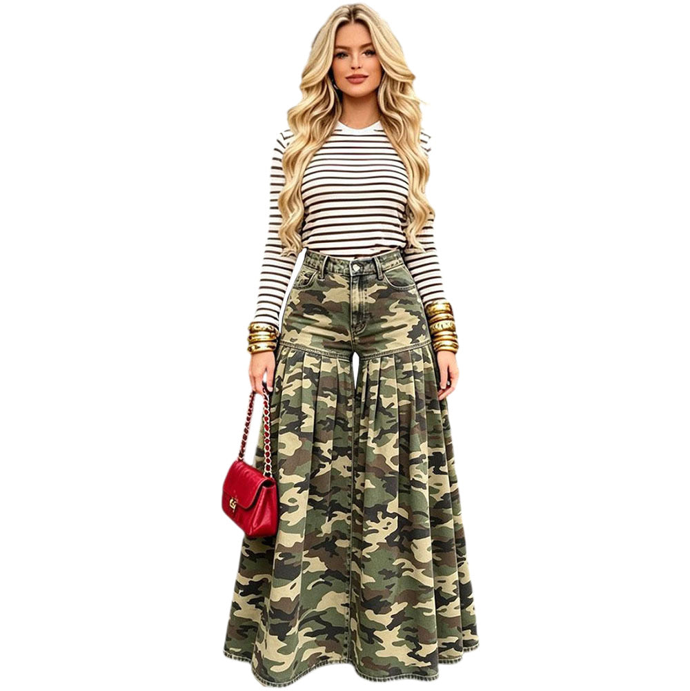 European and american high-waisted camouflage wide-leg jeans - new fashion ruffle pleated casual pants for  cross-border women's fashion
