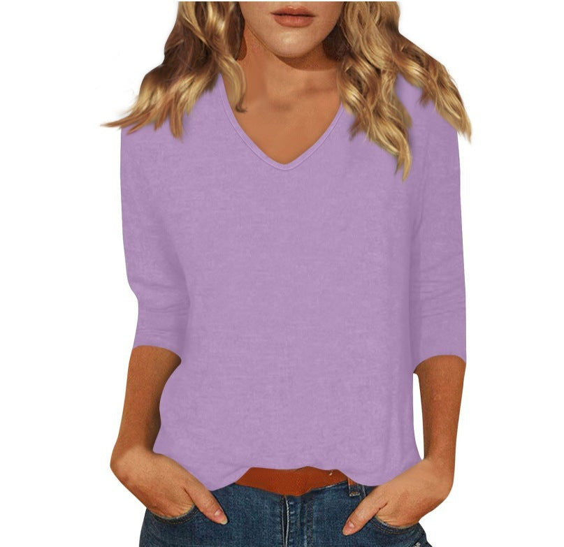 cross-border  women's everyday versatile casual v-neck solid color three-quarter sleeve t-shirt top