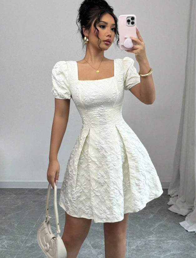 European and american cross-border  summer slim-fit women's elegant jacquard solid color puff sleeve square neck a-line dress