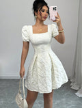 European and american cross-border  summer slim-fit women's elegant jacquard solid color puff sleeve square neck a-line dress