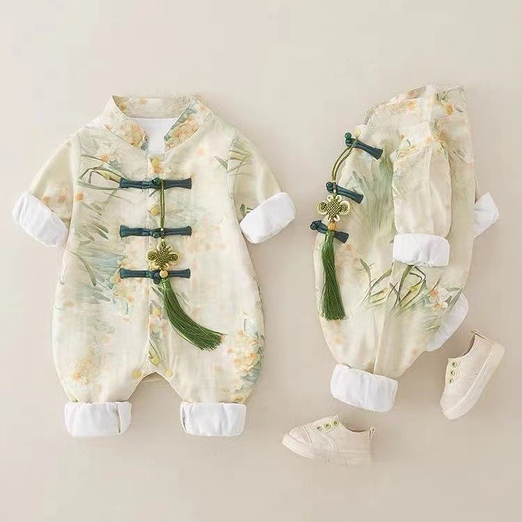 Spring autum baby chinese style double layer long sleeves jumpsuit autumn style male and female baby one-year-old dress 100-day banquet climbing suit