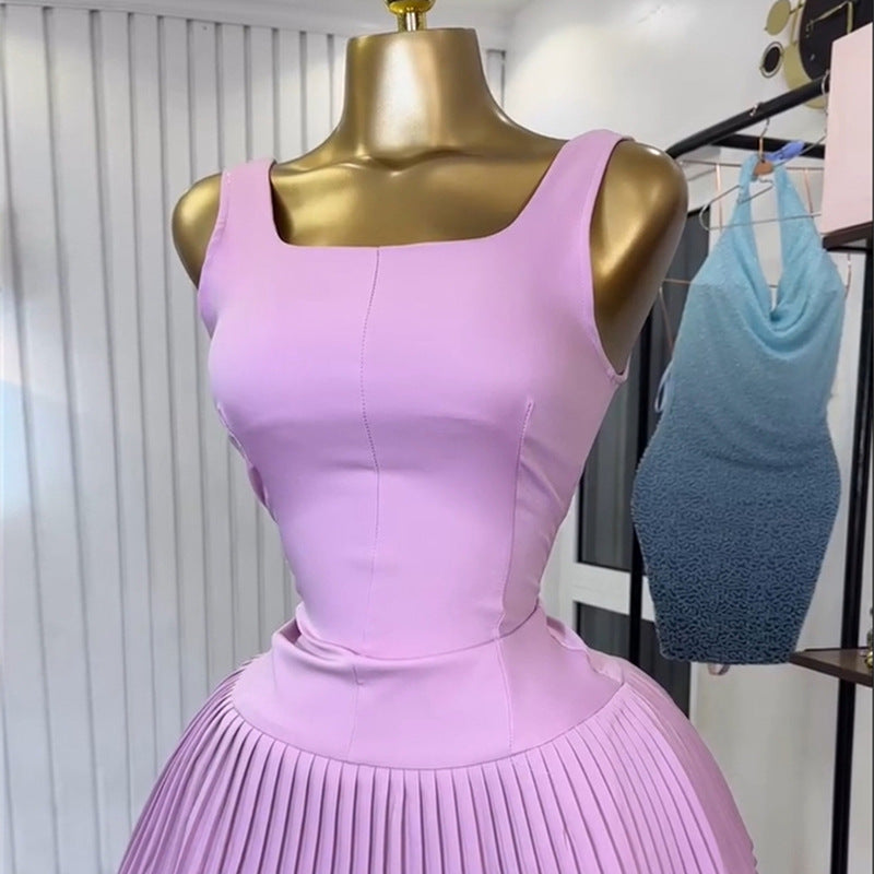 European and american cross-border women's fashion:  summer new collection - square neck sleeveless top & high-waisted pleated skirt casual set