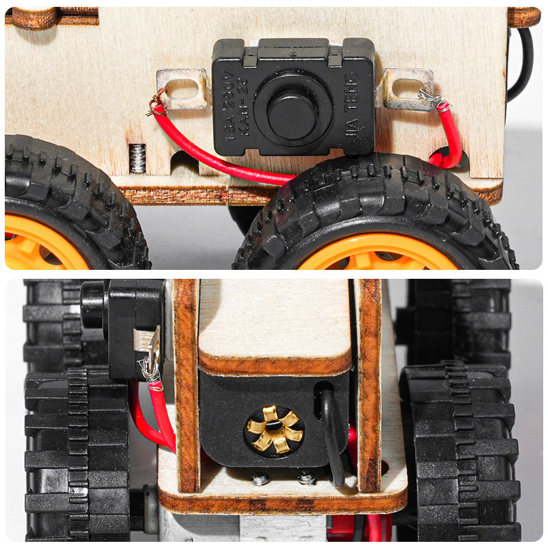 Mini car, handmade DIY wooden build to create student invention scientific experiment puzzle brain experiment