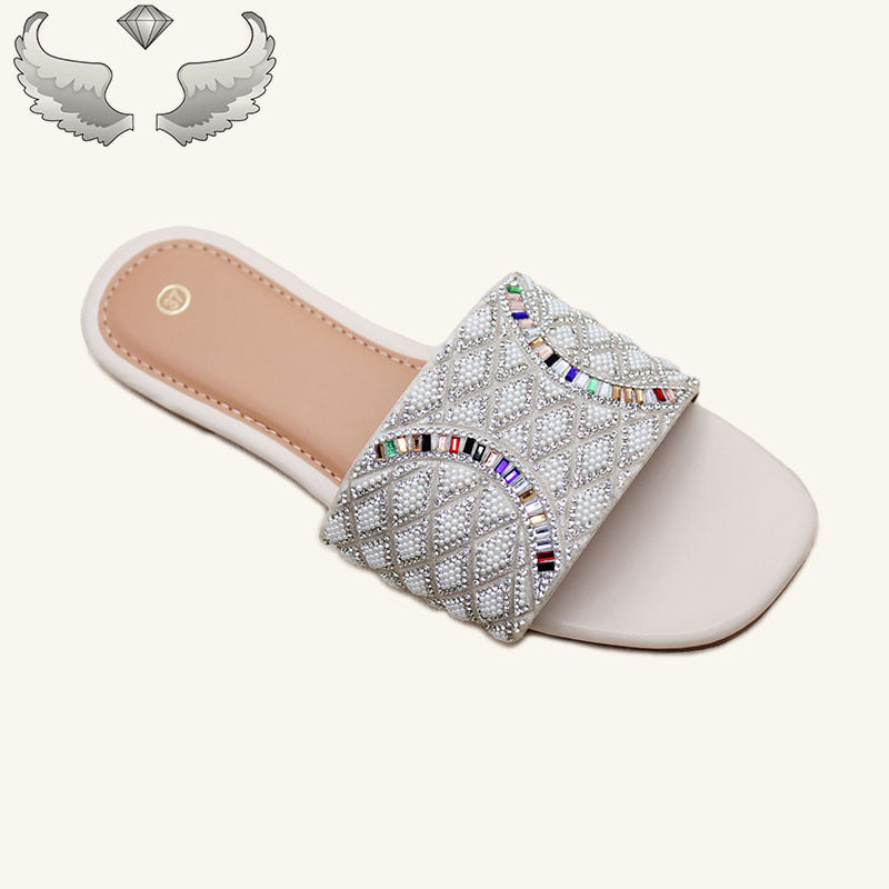 Factory ladies slippers批发夏季时尚水钻平底防滑凉拖工艺鞋女