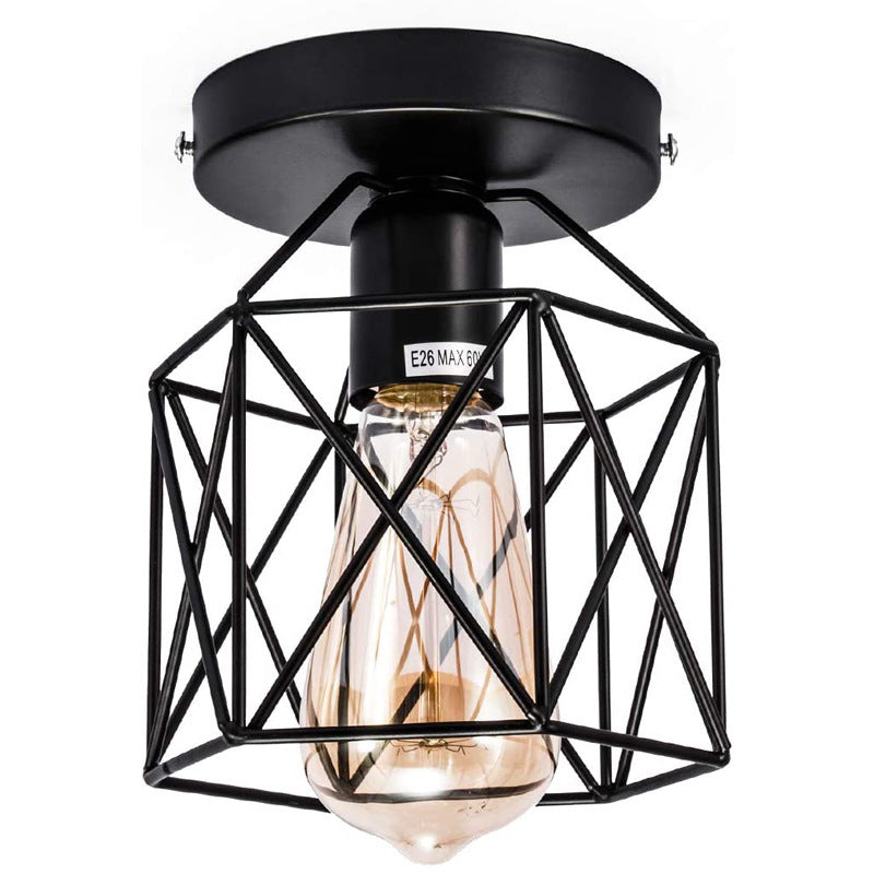 Industrial style black geometric diamond iron ceiling light - retro balcony, hallway, entryway, bubble tea shop, restaurant creative lighting