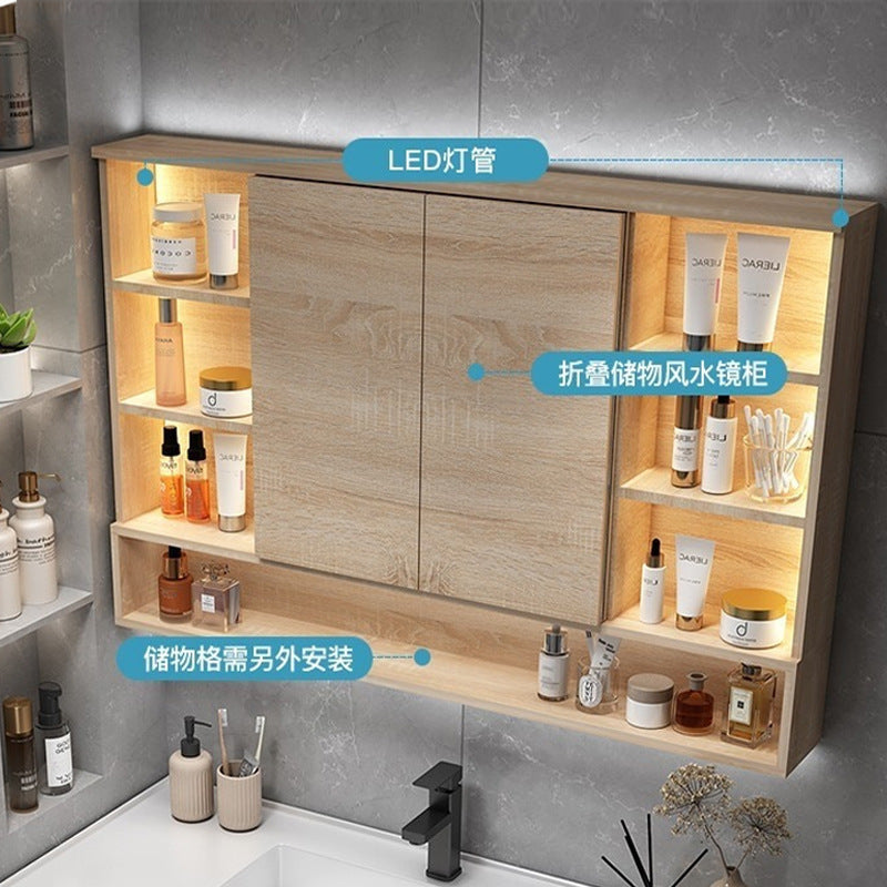 Paint-free solid wood bathroom intelligent hidden folding feng shui mirror cabinet with separate lamp storage rack manufacturer supply