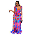 C7512 cross-border   fashionable european and american women's elegant ruffle strap printed dress - new
