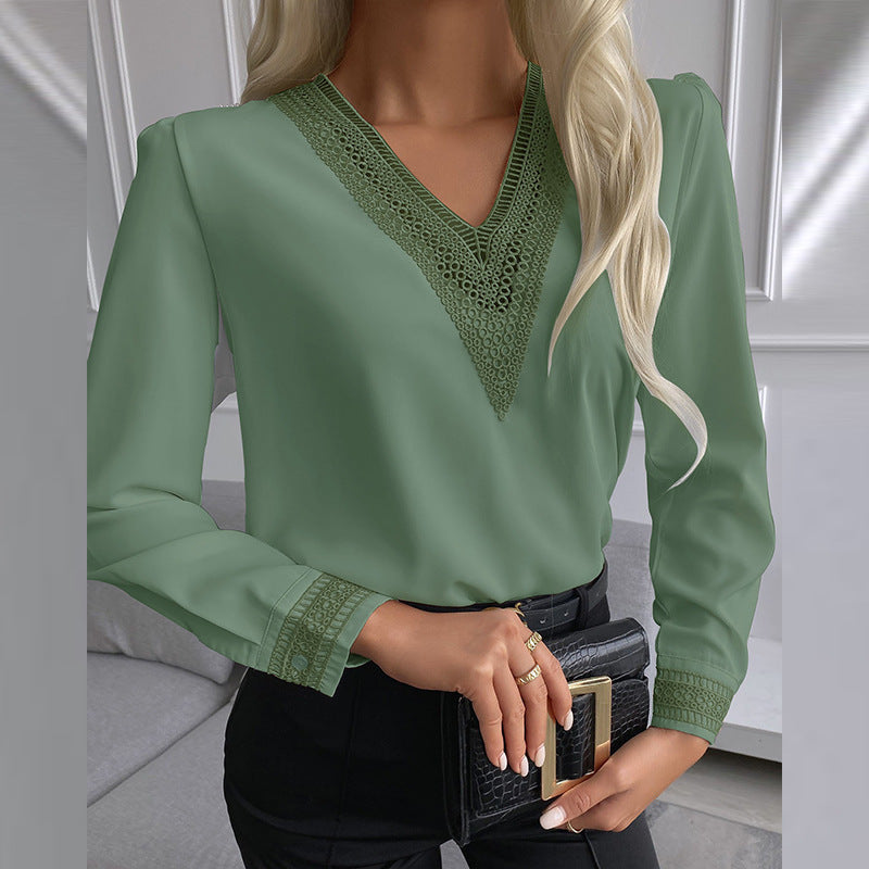fashion women's clothing:  spring european and american style lace trimmed blouse, solid color patchwork v-neck long sleeve shirt