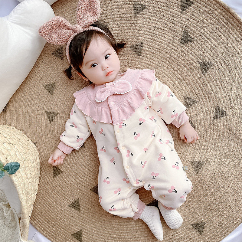 Spring autum baby infant cute princess style jumpsuit baby girl patchwork cherry style romper outing clothes