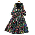French chic print cutout dress - women's spring/summer v-neck lantern sleeve slimming midi dress