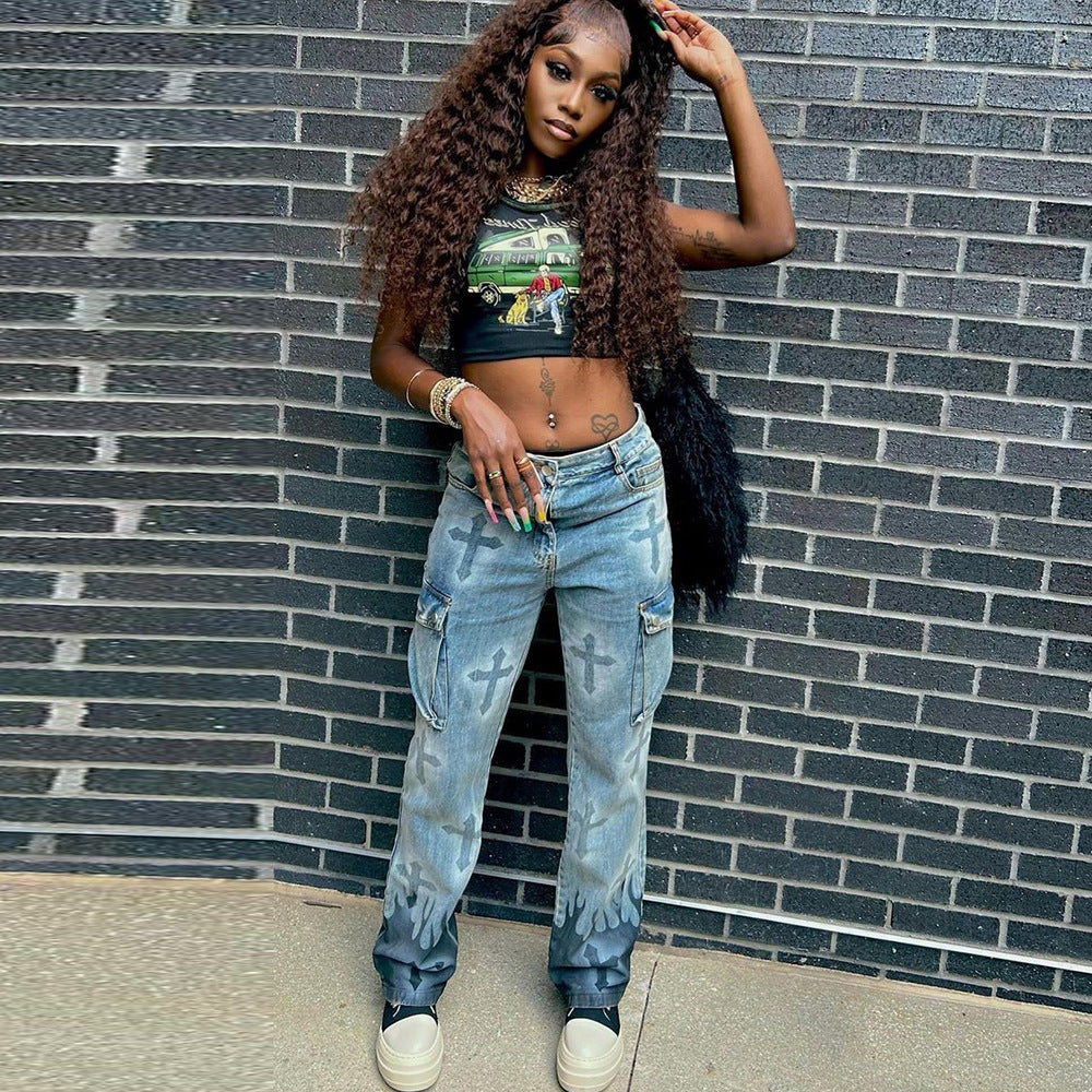 European and american style women's jeans -  cross-border fashion -  new streetwear hot girl multi-pocket jeans