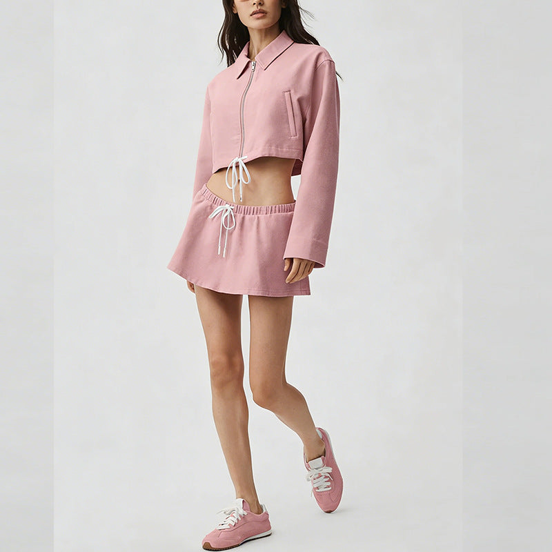 new arrival cotton mixed draped loose waist cord breathable stand collar zipper outwear short skirt casual sports suit
