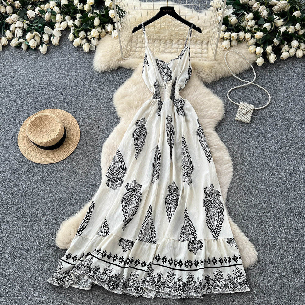 Vacation-style printed cami bohemian dress - women's summer high-waisted slimming a-line maxi dress - elegant outfit