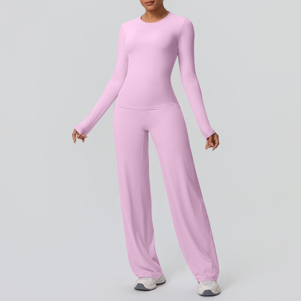 Cloud-feel outdoor casual yoga outfit: long-sleeve t-shirt top & high-waisted wide-leg active wear set for running and fitness