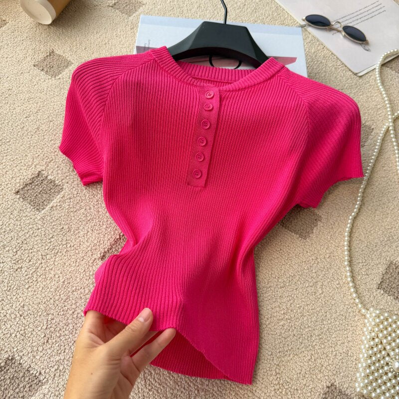 Old money style knittingcasualpure colorcasual women's summereasiest for matchslimming look single breastedv neckwork clothingtops multi-color