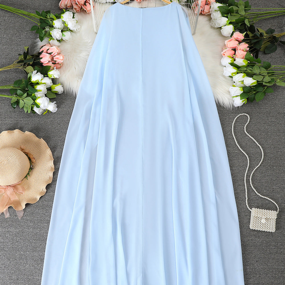 Women's elegant long-sleeve vacation dress with rhinestone bow detail, loose fit, flowy light blue chiffon shawl-style maxi dress