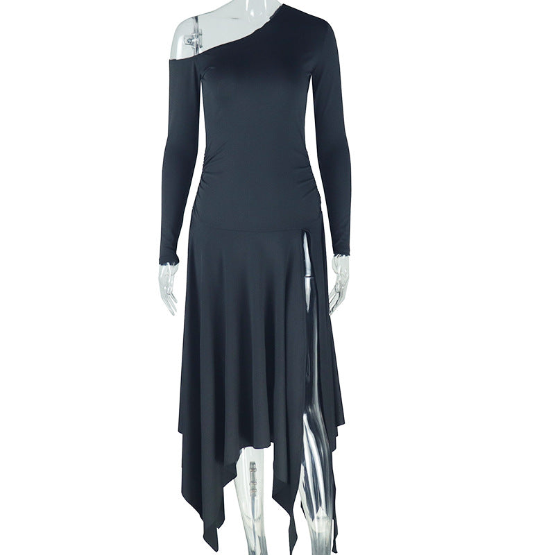 Fashion style exportstylishsilmpure color women's clothing trendy asymmetrical skirt oblique shoulder one-line collar long sleeves mid-length dress