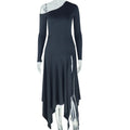 Fashion style exportstylishsilmpure color women's clothing trendy asymmetrical skirt oblique shoulder one-line collar long sleeves mid-length dress