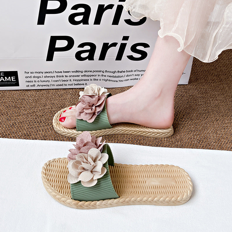 New summer fairy style color block floral slides - women's beach sandals, fashionable outdoor wear, flat, non-slip