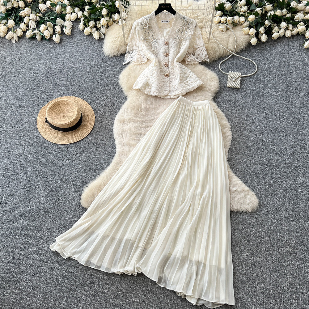 French chic v-neck lace embroidered top & high-waisted pleated skirt two-piece set - elegant & slimming summer outfit