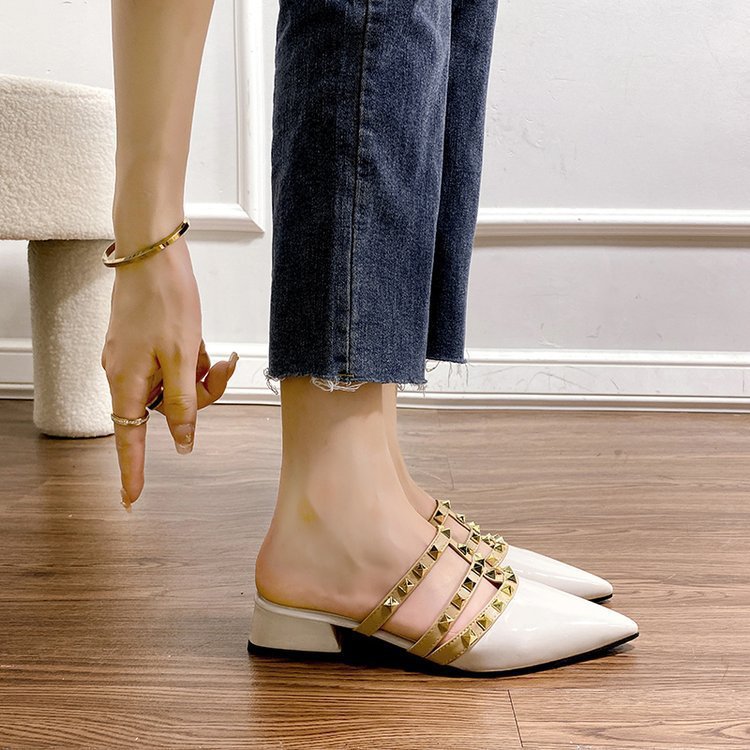 Studded sandals with a french flair – women's summer flat sandals, korean-style patent leather pointed-toe mules with rivet detailing
