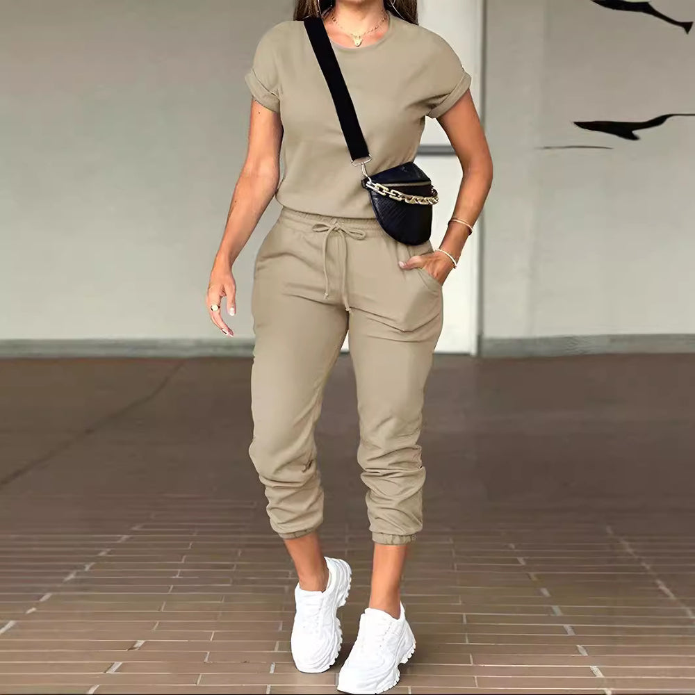 Amazon cross-border e-commerce fashion casual women's solid color crew neck top and multi-pocket pants set - versatile style