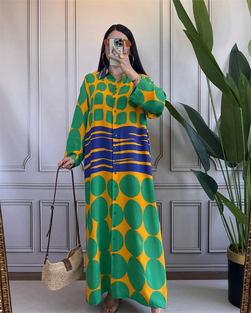 European and American  spot 2024 new loose fashion casual positioning printed cardigan dress large size women's long dress