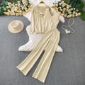 Trendy women's winter three-piece set: casual zip-up hooded knit jacket + embroidered tank top + high-waisted pleated wide-leg pants