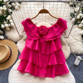 French chic pink ruffle chiffon blouse - women's summer off-the-shoulder floral sweet & elegant top