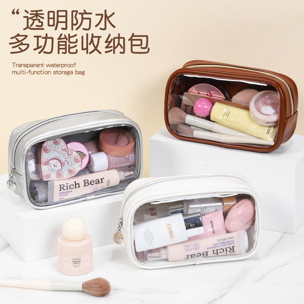 New leather translucent premium cosmetic bag large capacity waterproof portable toilet bag hand carry travel storage bag