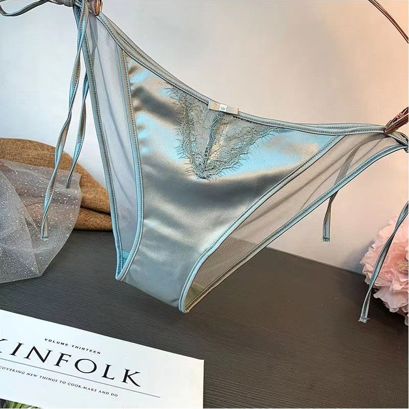 Retropure color tie backembroider briefs silks and satinssexy mesh sexy underwear plaid breathable low waist