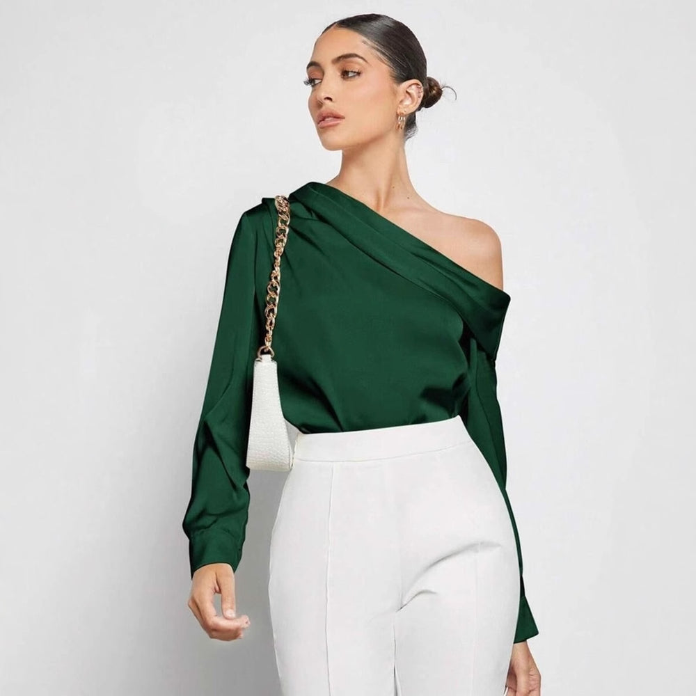 Export cross-border pleated satinshirttops spring and summer fashion  off-shoulder asymmetrical long-sleeved shirt women's clothing