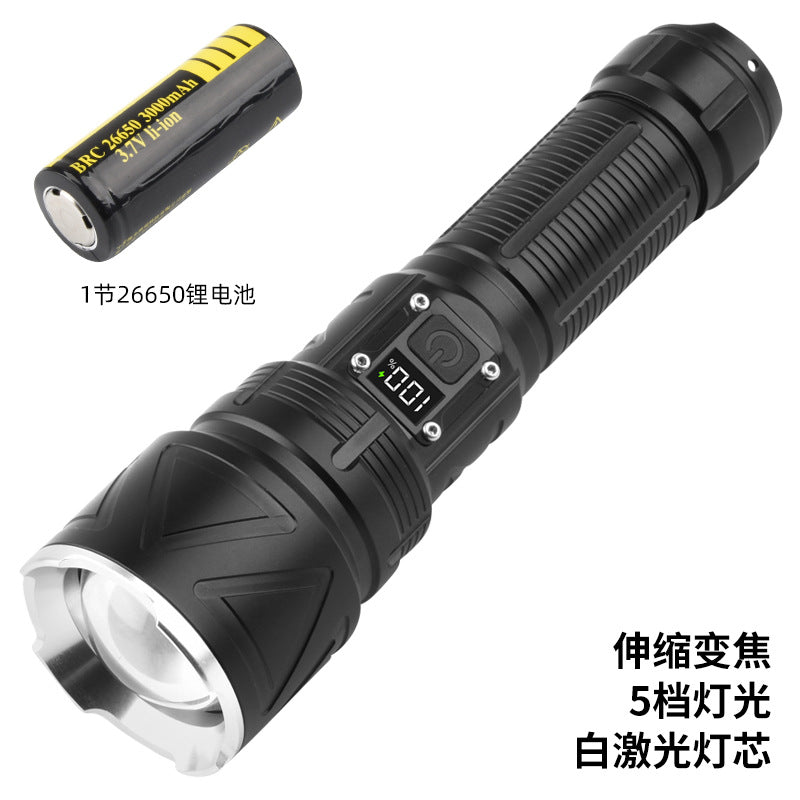 Cross-border new white laser flashlight digital display telescopic zoom TYPE-C charging can output strong light flashlight