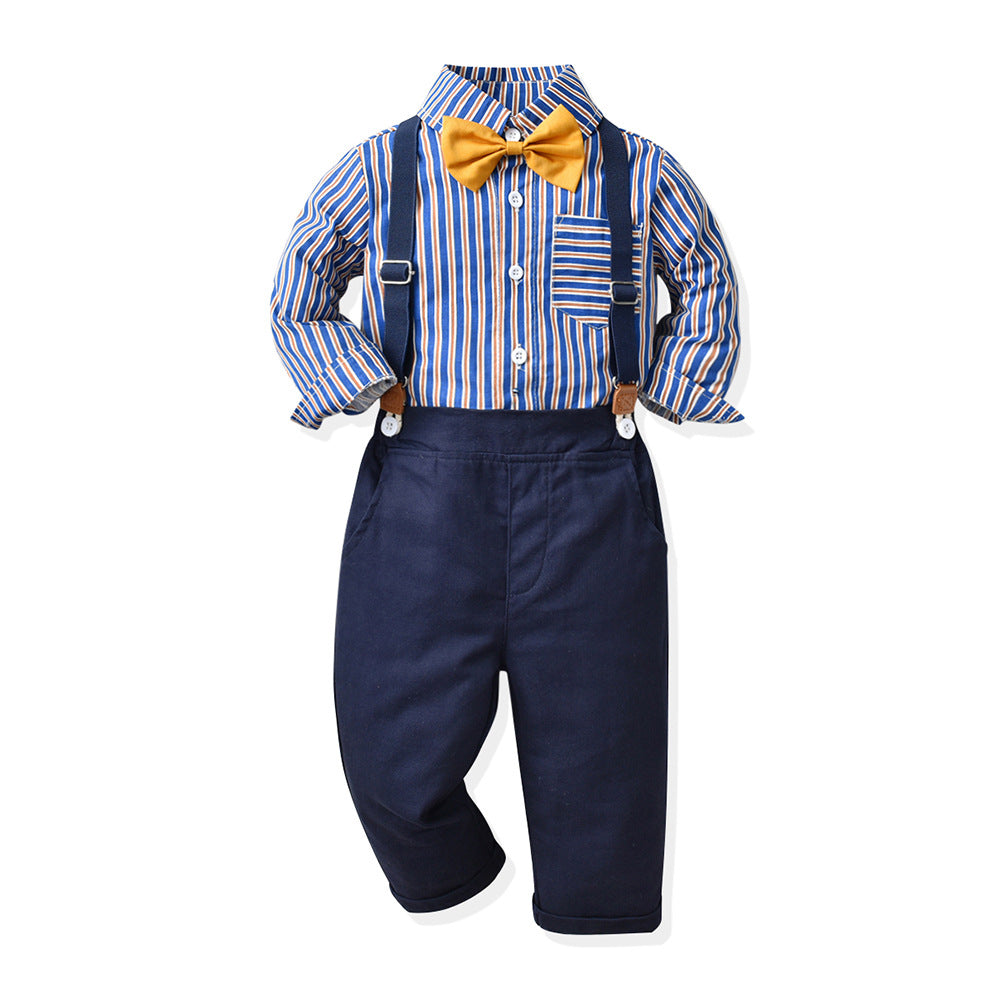 Japanese and korean boyssuitpopularstripeslong sleevesshirtchildren's clothingtrendykidsautumnew arrivaldungareesgentleman's dress