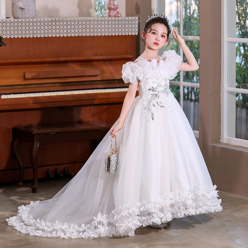 European and american style cross-border girls' gown - long train embroidered princess dress - piano performance dress - runway high-end light luxury style