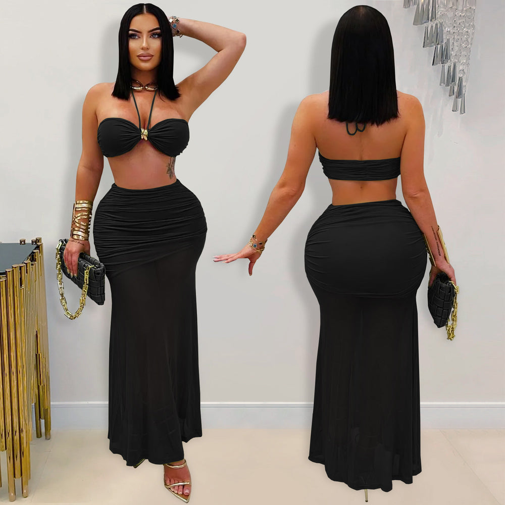 C7456 cross-border   fashion women's sexy bandeau sleeveless ruched mesh maxi dress new
