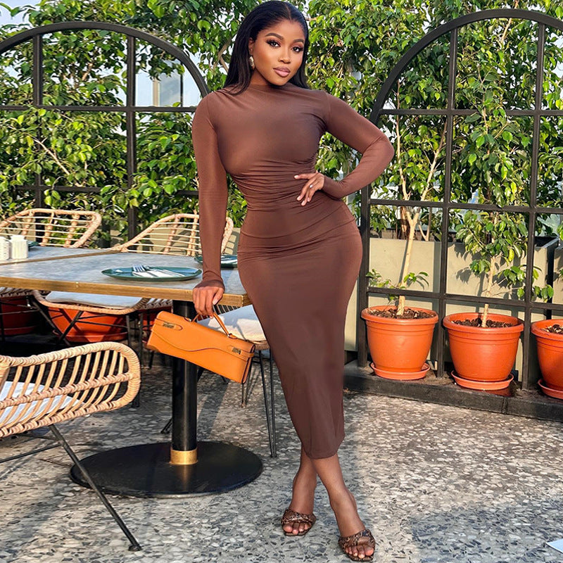 Fashion style insexport women's pure color round neck long sleevespullover street one-step dressdress one piece dropshipping