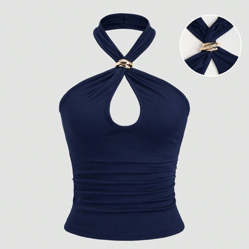 Gold ring buckle halter top - women's summer outerwear & inner layering - sexy & sweet mini top - halter design top