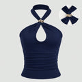 Gold ring buckle halter top - women's summer outerwear & inner layering - sexy & sweet mini top - halter design top
