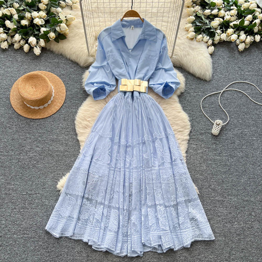 French chic lantern sleeve patchwork midi dress with embroidered mesh detail - summer luxury women's dress