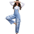 European and american style women's casual straight-leg denim overalls -  cross-border women's streetwear multi-pocket denim jumpsuit